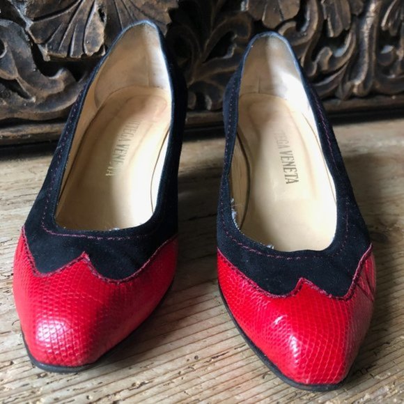 Vtg BOTTEGA VENETA Wingtip Snakeskin Leather Suede Contrast Stitch Heels 6.5 - Picture 3 of 16